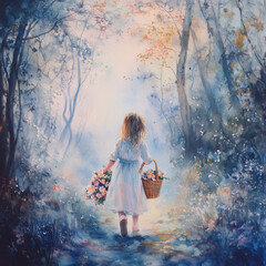 Little Girl in Forest Carry Basket Full of Flowers Watercolor Illustration. Childish Book Image and Picture