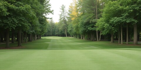 Fototapeta premium Lush green grass and tall trees lining a scenic golf course, beautiful, nature, golf course