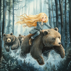 Little Girl with Golden Hair Ride on Back of Bear Run Through Forest. Cute Fabulous Childish Fairy Story Illustration