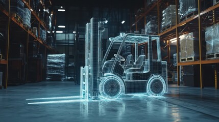 Naklejka premium High-resolution warehouse scene with an AR display of a futuristic forklift in wireframe.