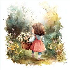 Little Girl in Forest Carry Basket Full of Flowers Watercolor Illustration. Childish Book Image and Picture