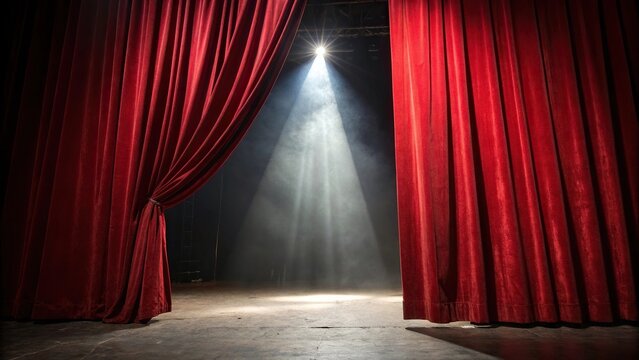 Red velvet curtains partially parted revealing a mystical stage with a glowing spotlight cast on it, opulence, illusion, magical