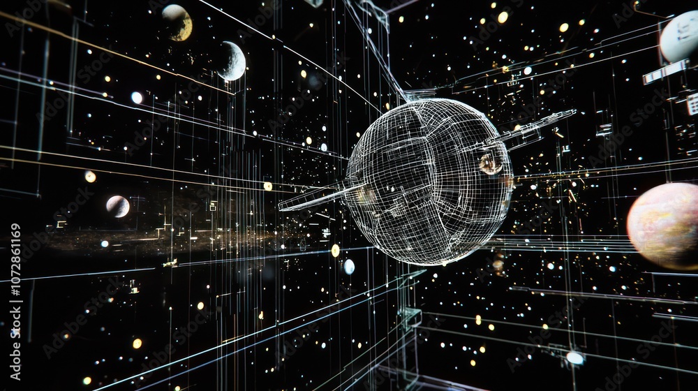 Poster wireframe space probe visualized in ar during a high-resolution interstellar exploration scene.