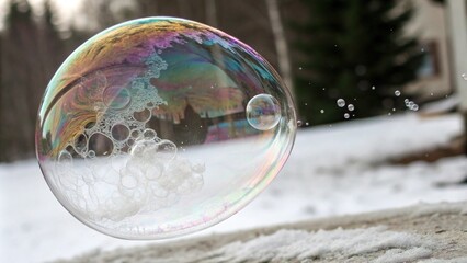 Soap bubble's swirling vortex in macro photography, space-inspired, shimmering colors, fantasy scene, celestial landscape, cosmic dance