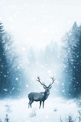 Watercolor Winter Landscape with Fox in Forest Among Tall Trees. Creative Outdoor Scene for Postcard