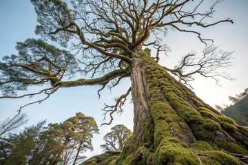 Ancient tree with gnarled branches and moss-covered trunk, arboreal, natural wonder, branches, earthy tones, moss
