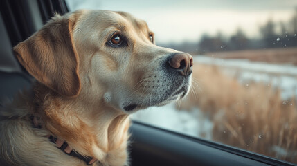 golden retriever dog gazes thoughtfully out of car window, surrounded by snowy landscape. serene expression captures moment of reflection and tranquility