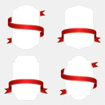 Set of label frames with red ribbons wrapped around them for decoration and celebration.