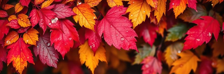 Fototapeta premium Vibrant autumn leaves adorned with glistening water droplets, creating a stunning natural beauty, texture, natural