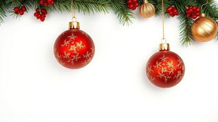 Christmas ornaments in red and gold colors against a clean white background, celebration, decoration, joy