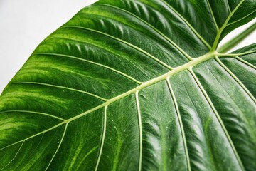 Close-up macro shot of a single tropical leaf with intricate details and textures, plant detail, botanical art, leaf texture, leaf patterns