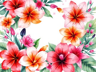 Whimsical watercolor floral arrangement featuring tropical flowers in shades of pink and orange, colorful, abstract