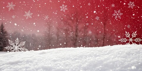 Winter Wonderland Scene with Snowflakes Falling on Red Background, snowy scenery, winter wonderland, icy landscape