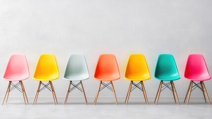 Colorful modern chairs lined up against a minimalist wall for stylish decor inspiration.