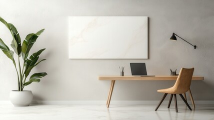 Fototapeta premium Minimalist workspace with plants, desk, and modern decor for creative productivity.
