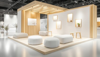 Modern exhibition booth design featuring minimalistic furniture and natural tones.