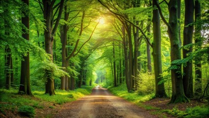 Obraz premium A sunlit path through a lush canopy of trees, dappled light filtering through the leaves, creating a magical atmosphere