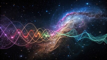 Colorful musical frequencies represented as shimmering lights in space, melody, colorful lights, sound waves, symphony, musical notes