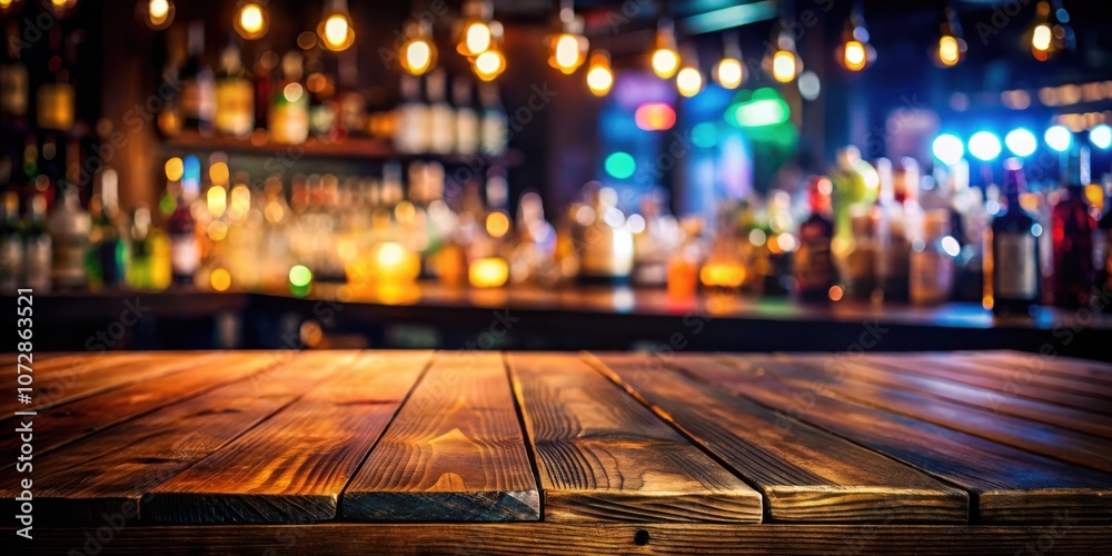 Poster a rustic wooden table top with a blurred background of a bar with bottles and lights