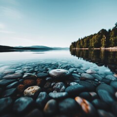Tranquil lake with clear water and smooth stones.