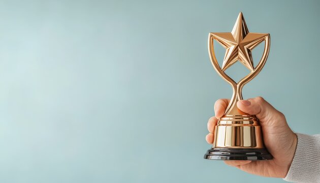 A hand holding a golden star trophy against a soft blue background.