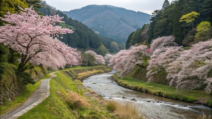 Blossoming cherry trees lining a winding mountain stream, serenity, vibrant
