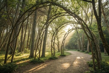 Delicate arches formed by slender tree branches in a sunlit forest clearing, forest clearing, arches, forest landscape, sunlight filtering