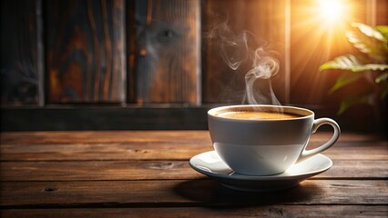 Obraz premium A steaming cup of coffee on a rustic wooden table with sunlight streaming through the background.