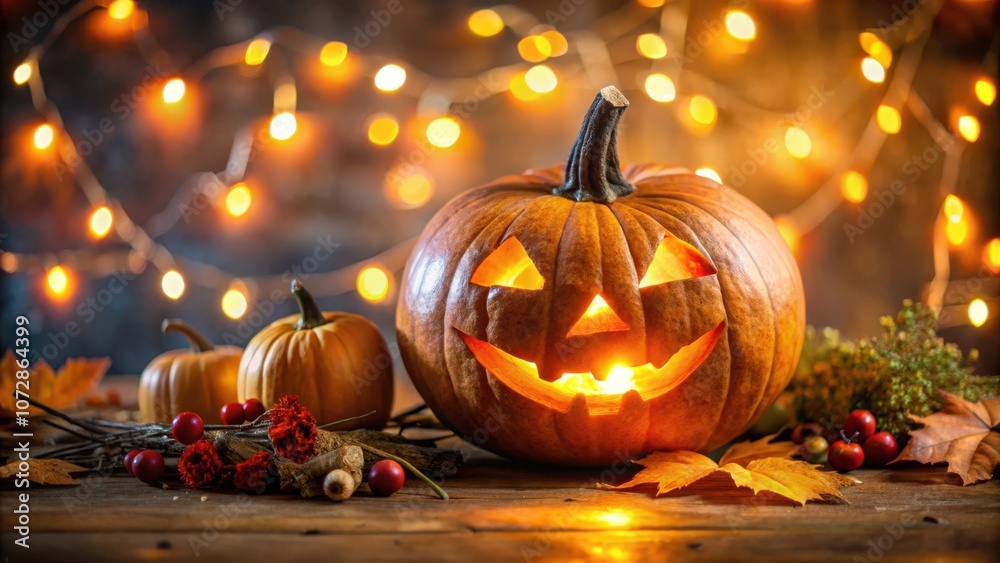 Poster A glowing jack-o-lantern with a carved face sits on a wooden table with autumn leaves and berries, illuminated by a string of warm lights.
