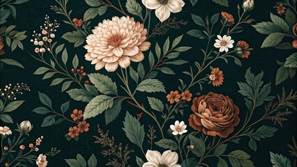 Dark green floral pattern with earthy tones and a mix of large and small flowers, botanical, design, print