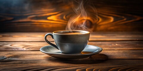 A steaming cup of coffee, resting on a wooden surface, a comforting warmth that fills the senses.