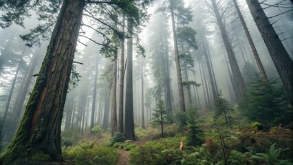 Fototapeta premium Dense forest with misty atmosphere and tall trees, foggy forest, forest landscape