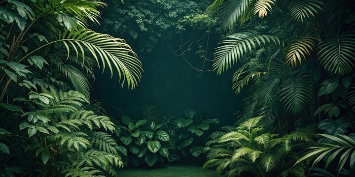 Dark green background with tropical jungle foliage, tropical landscape, natural beauty, botany