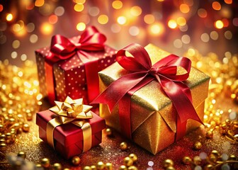 Stunning Drone Photography of Red and Golden Christmas Gift Boxes with Ribbons and Bows Against a Sparkling Bokeh Background for Holiday Marketing and Social Media Use