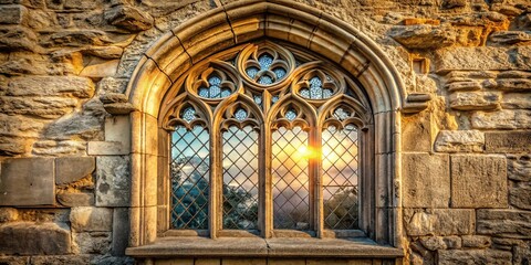 Obraz premium A stone archway with a beautifully carved stained-glass window, framing a scene of a golden sunset over a distant landscape.
