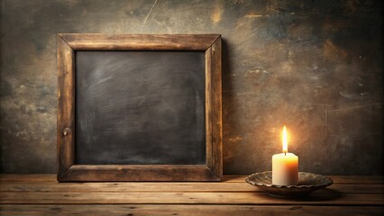 A Rustic Wooden Frame Encloses a Blank Chalkboard, Bathed in the Warm Glow of a Lit Candle on a Weathered Wooden Table