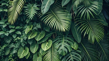 Fototapeta premium Exotic jungle foliage with various tropical plants and leaves arranged in a seamless repeating pattern, trees, overgrown, tropical