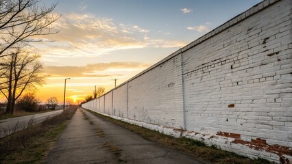 Long exposure shot of white painted old brick wall at sunset, white paint, background, sunset, earthy