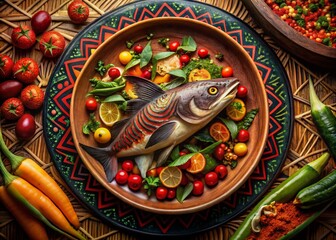 Fototapeta premium Stunning Food Photography Featuring Vibrant Tribal Art Shark Tattoo Designs on Gourmet Dishes, Perfect for Culinary and Art Enthusiasts Alike, Showcasing Unique Cultural Fusion