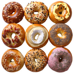 Assorted bagel collection, seeds and toppings, vibrant flavorsuppliction Isolated on white background or PNG