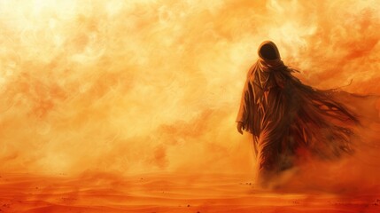 Naklejka premium A lone figure stands in a desert landscape with swirling orange dust.