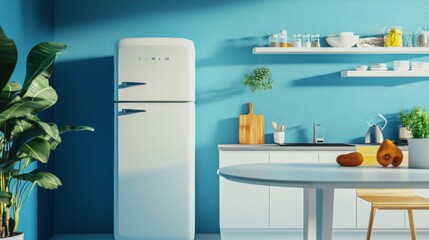 Dining table in interior of kitchen with fridge and counter