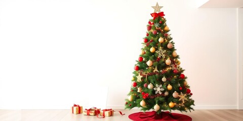A beautifully decorated Christmas tree stands alone in a spacious room with a white background, winter, ornaments