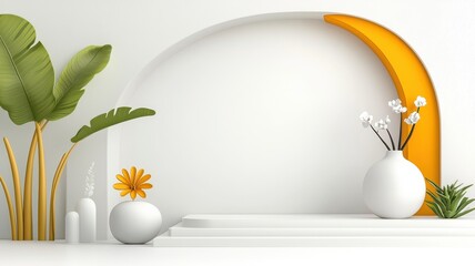 Modern minimalist interior with plants, vases, and a decorative arch for serene ambiance.