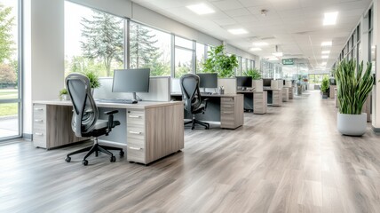 Modern office interior with desks and plants, fostering a productive work environment.