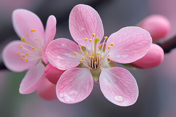 Obraz premium Peach and light lilac tones with delicate spring flowers set against an abstract background.
