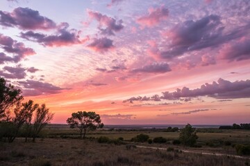 Obraz premium A delicate pink sunset paints the evening sky with puffy clouds, romantic atmosphere, pink