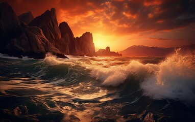A dramatic sunset over rocky coastline with crashing waves, evoking a sense of nature's power.