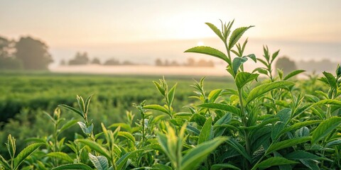 Fototapeta premium A field of lush green plants with intricate details and textures in the foreground against a soft gradient background, nature, landscape, garden