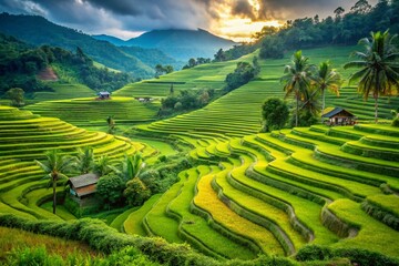 Fototapeta premium Stunning Landscape of Rice Terraces in Rural Indonesia, Showcasing Fertile Fields and Rice Swaying Gently in the Wind, Capturing the Beauty of Agricultural Life and Natural Environment